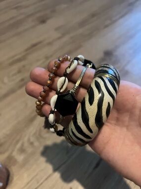 #91. Zebra-Print Bangle & Bead Bracelet Set - Black, White, Brown
